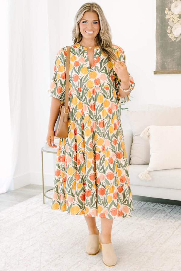 Plus Size taupe floral tiered midi dress with a V-neckline, puff sleeves, and a tulip print.