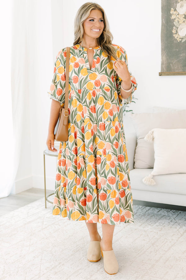 Plus Size taupe floral tiered midi dress with a V-neckline, puff sleeves, and a tulip print.
