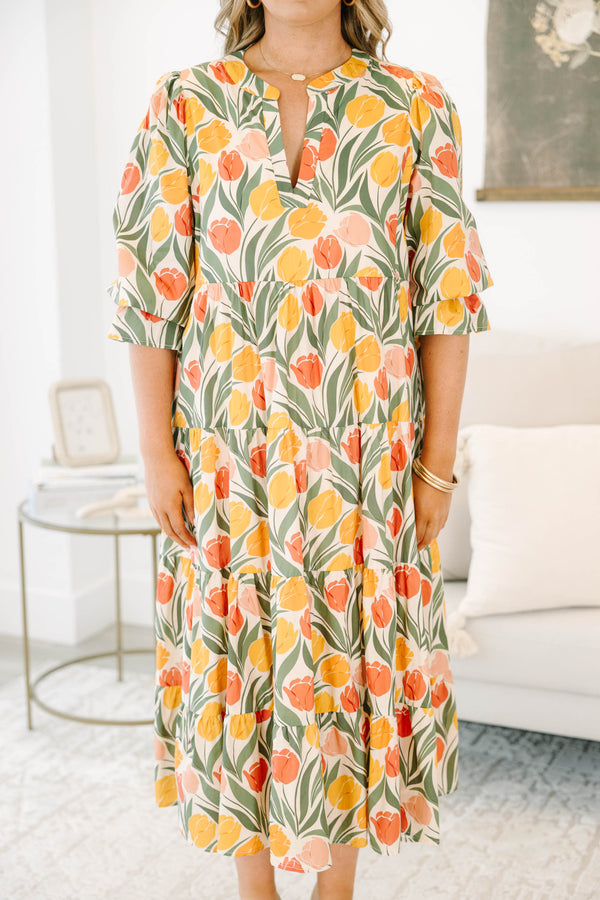 Plus Size taupe floral tiered midi dress with a V-neckline, puff sleeves, and a tulip print.
