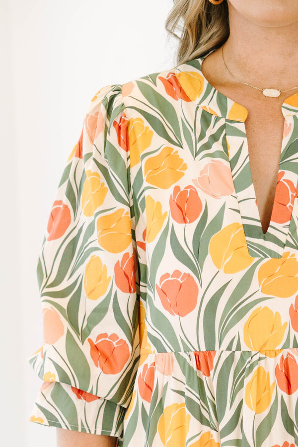 Plus Size taupe floral tiered midi dress with a V-neckline, puff sleeves, and a tulip print.