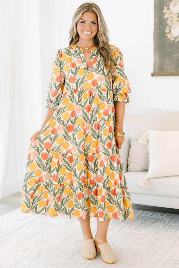 Plus Size taupe floral tiered midi dress with a V-neckline, puff sleeves, and a tulip print.