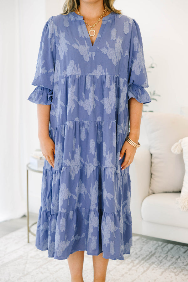 Plus Size twilight blue floral jacquard midi dress with split v-neck and smocked ruffle sleeves.