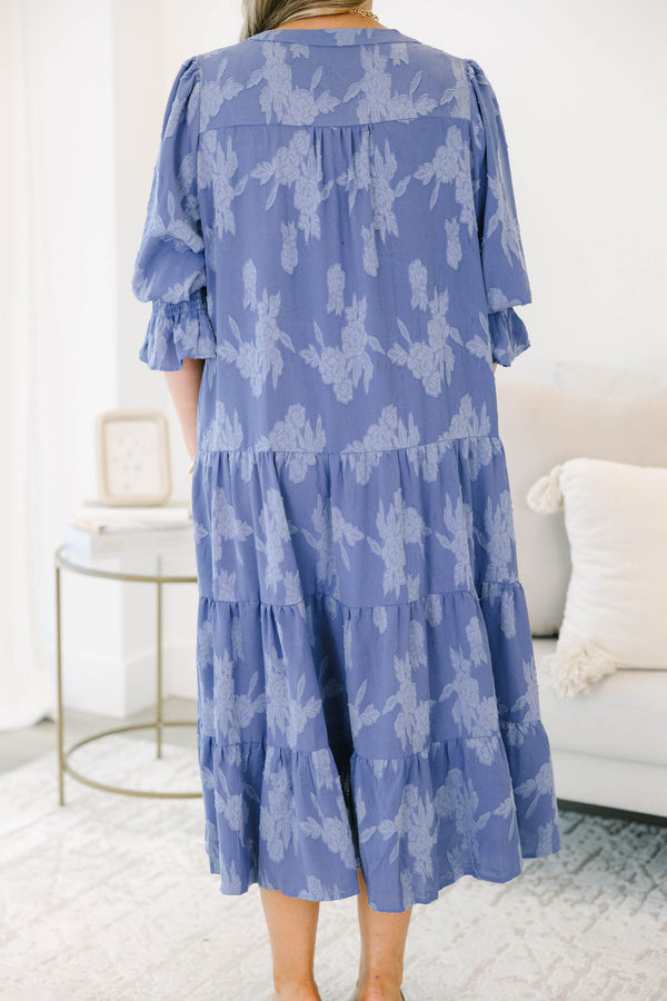 Plus Size twilight blue floral jacquard midi dress with split v-neck and smocked ruffle sleeves.