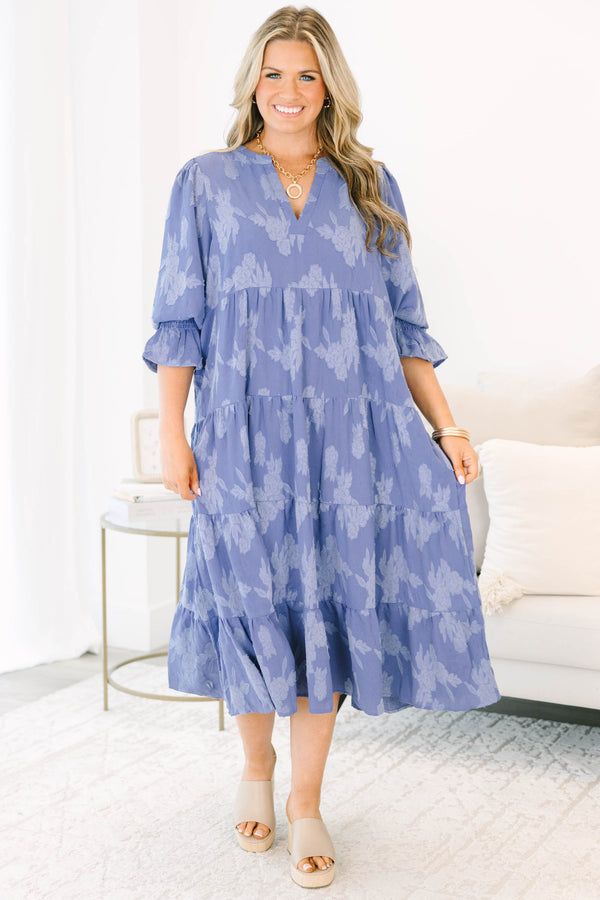 Plus Size twilight blue floral jacquard midi dress with split v-neck and smocked ruffle sleeves.