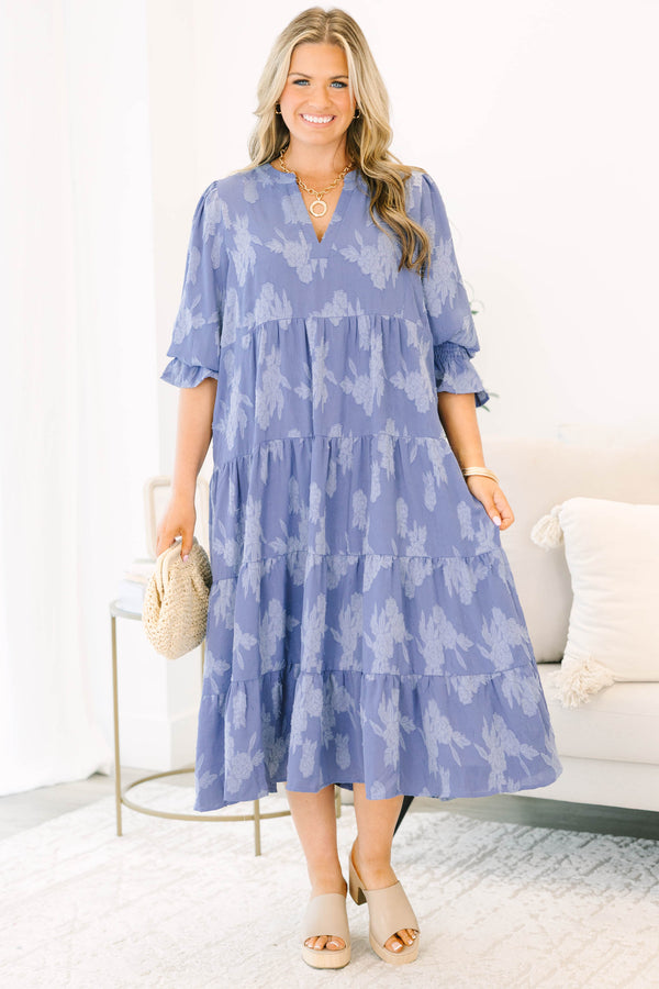 Plus Size twilight blue floral jacquard midi dress with split v-neck and smocked ruffle sleeves.