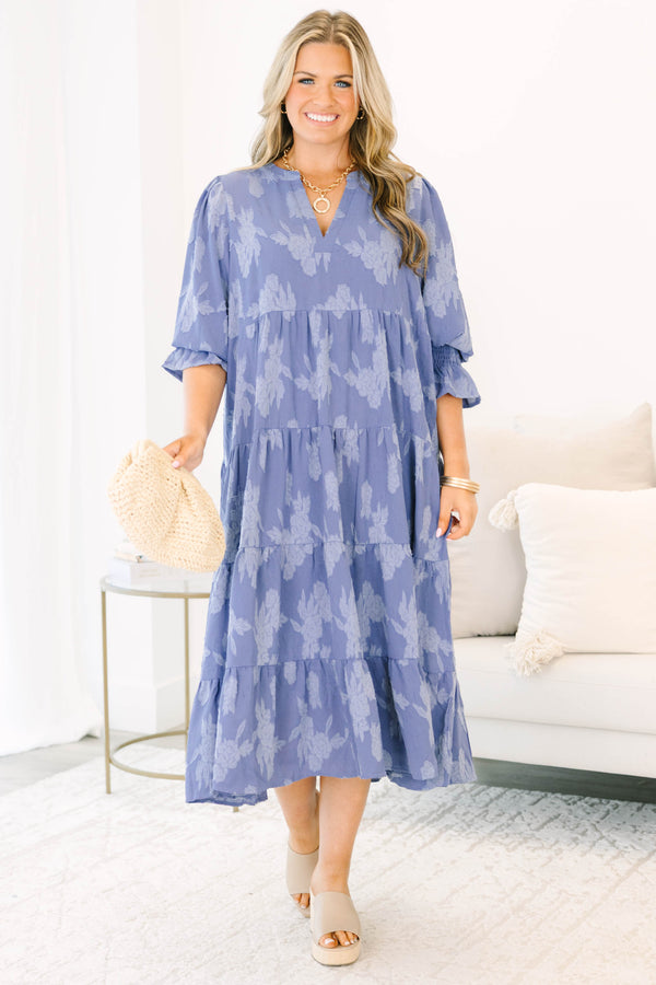 Plus Size twilight blue floral jacquard midi dress with split v-neck and smocked ruffle sleeves.