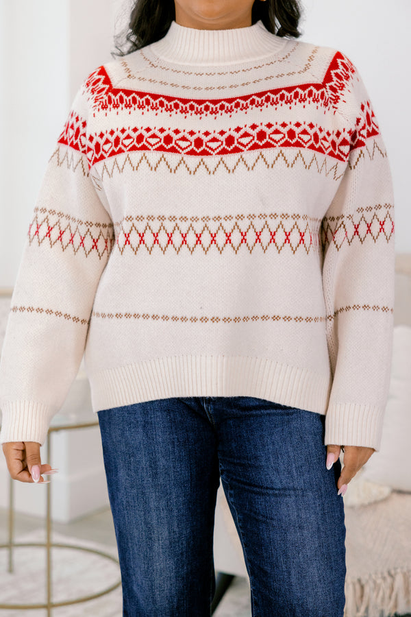 Chic Soul plus size clothing, cream turtleneck long sleeve sweater with white and red fair isle print 