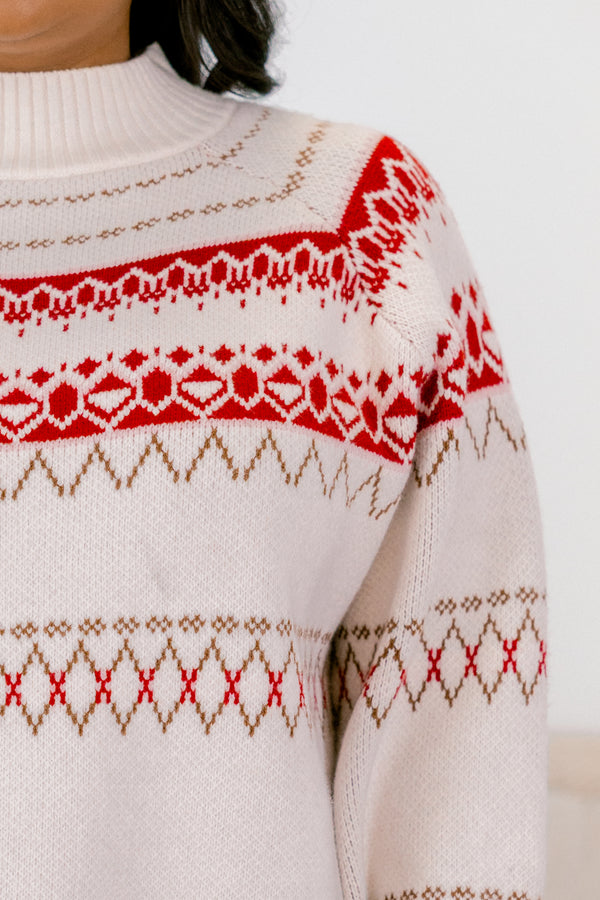 Chic Soul plus size clothing, cream turtleneck long sleeve sweater with white and red fair isle print 