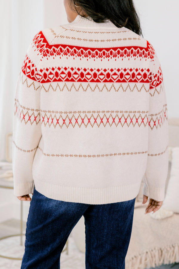 Chic Soul plus size clothing, cream turtleneck long sleeve sweater with white and red fair isle print 