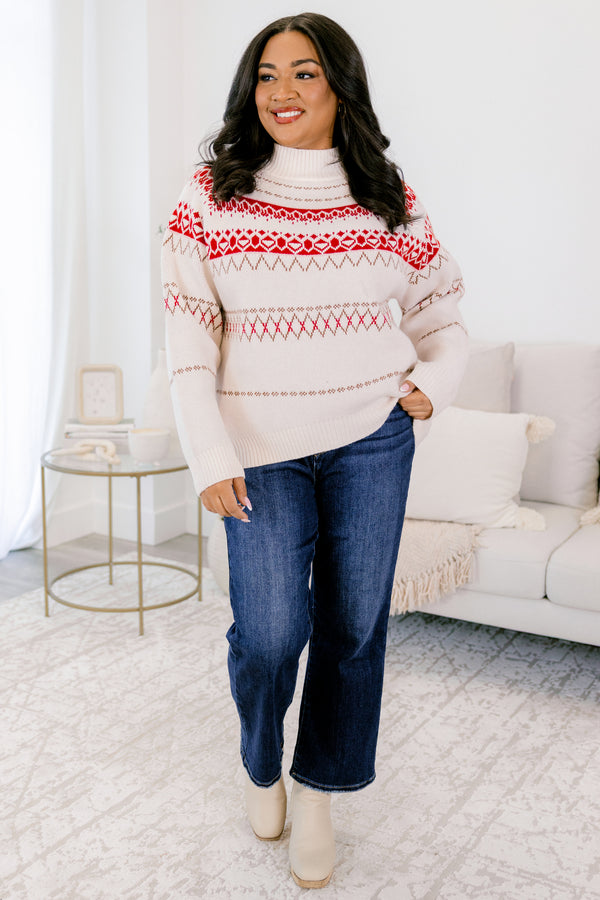 Chic Soul plus size clothing, cream turtleneck long sleeve sweater with white and red fair isle print 