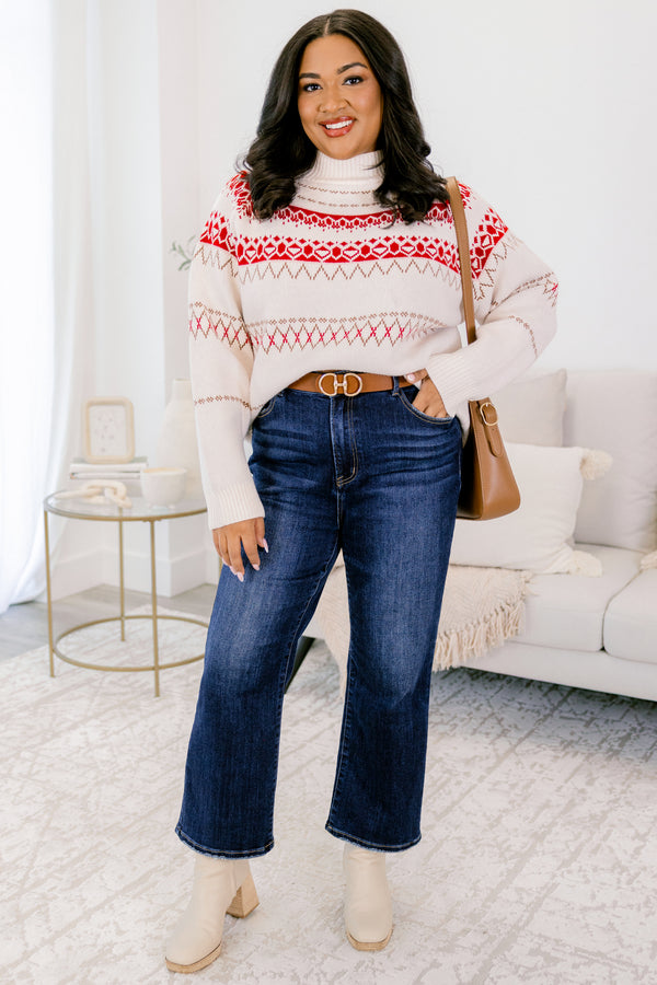 Chic Soul plus size clothing, cream turtleneck long sleeve sweater with white and red fair isle print 