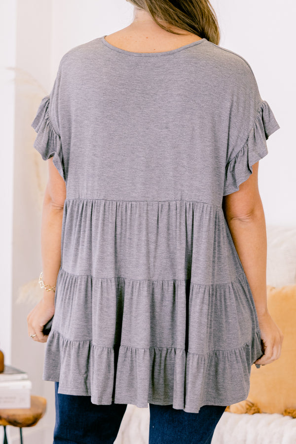 tunic, short sleeves, babydoll, ruffles, ruffle sleeves, gray, solid, flowy, loose, comfy