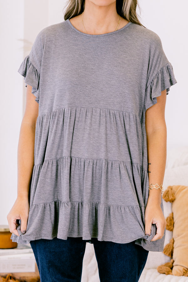tunic, short sleeves, babydoll, ruffles, ruffle sleeves, gray, solid, flowy, loose, comfy