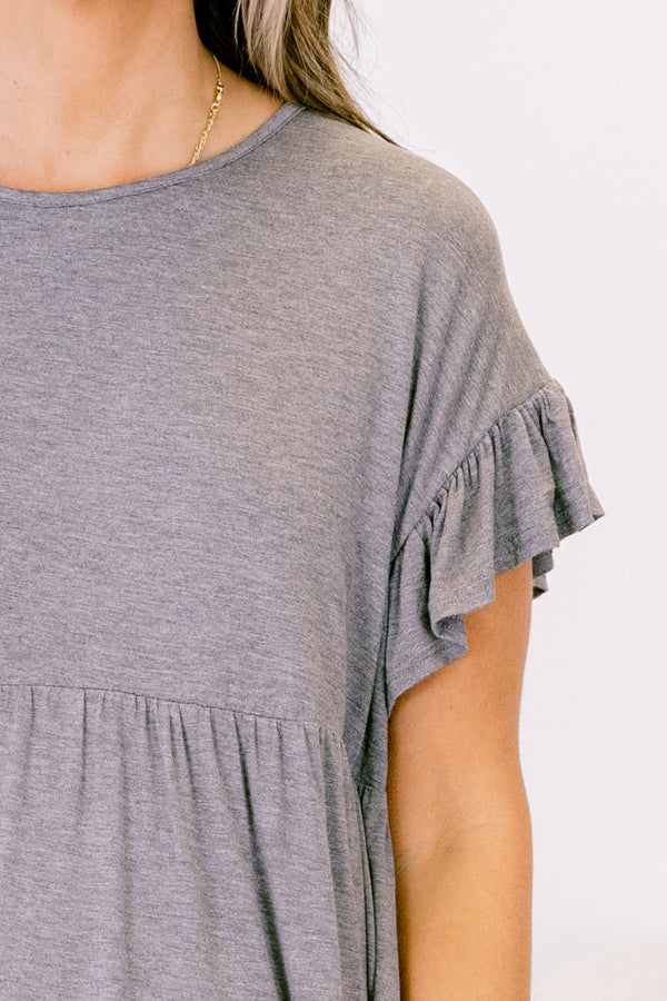 tunic, short sleeves, babydoll, ruffles, ruffle sleeves, gray, solid, flowy, loose, comfy