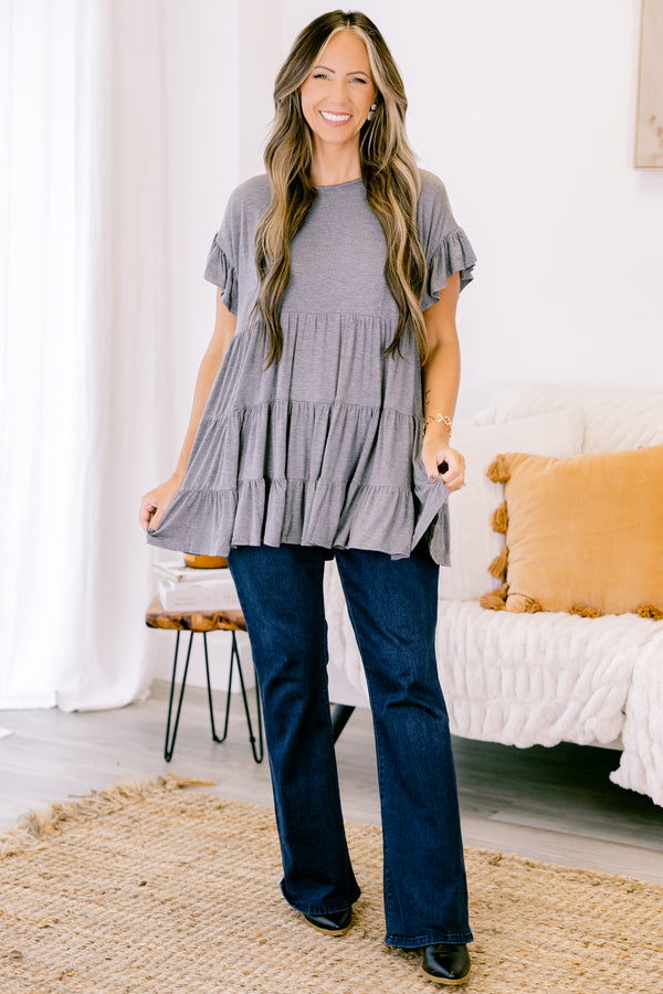tunic, short sleeves, babydoll, ruffles, ruffle sleeves, gray, solid, flowy, loose, comfy
