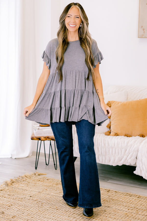 tunic, short sleeves, babydoll, ruffles, ruffle sleeves, gray, solid, flowy, loose, comfy