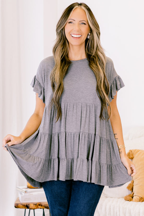 tunic, short sleeves, babydoll, ruffles, ruffle sleeves, gray, solid, flowy, loose, comfy