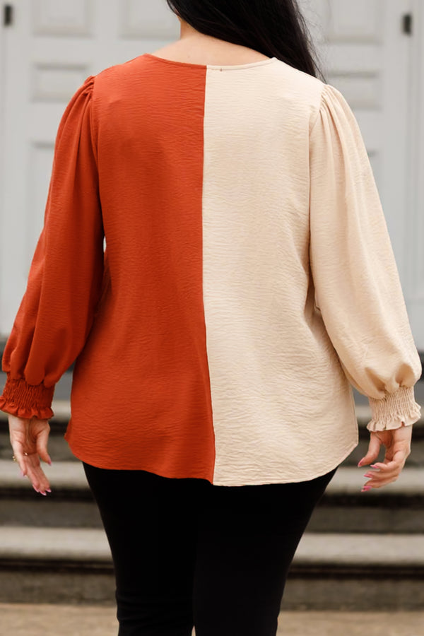 Chic Soul plus size clothing, taupe and rust colorblock top with balloon sleeves and v neckline
