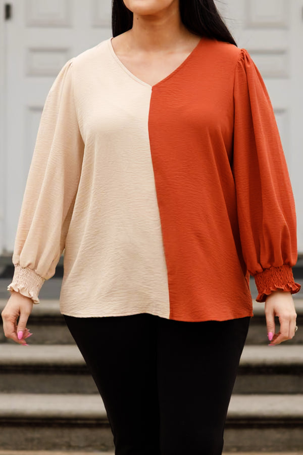 Chic Soul plus size clothing, taupe and rust colorblock top with balloon sleeves and v neckline