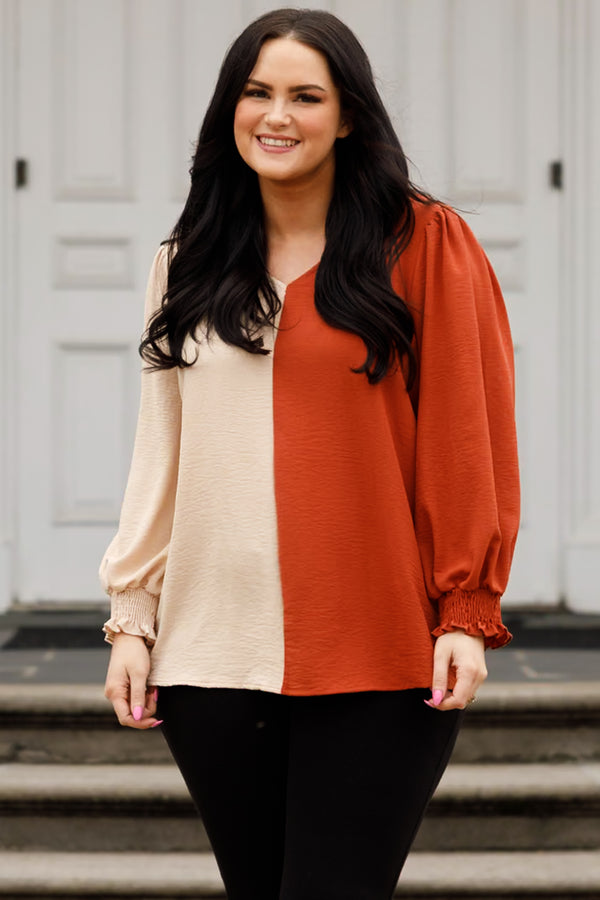 Chic Soul plus size clothing, taupe and rust colorblock top with balloon sleeves and v neckline