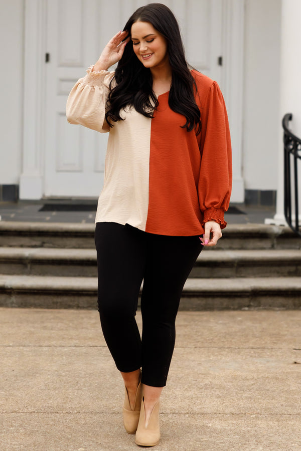 Chic Soul plus size clothing, taupe and rust colorblock top with balloon sleeves and v neckline