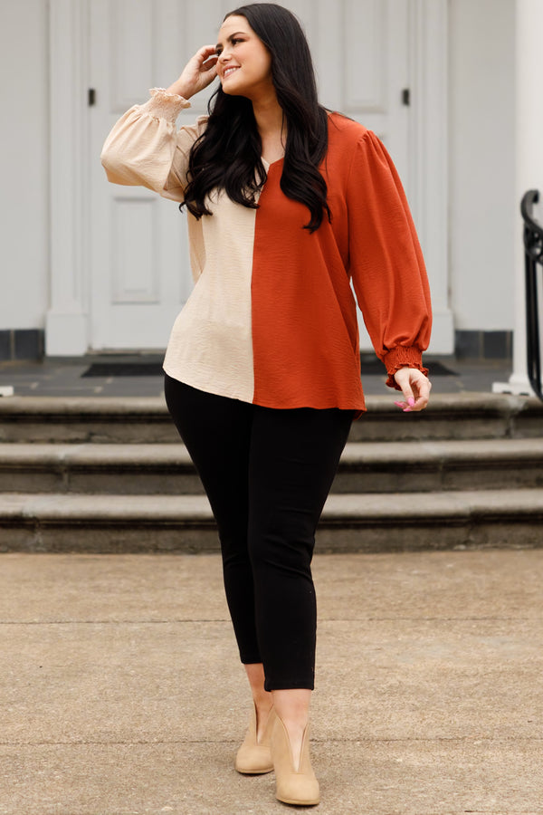 Chic Soul plus size clothing, taupe and rust colorblock top with balloon sleeves and v neckline