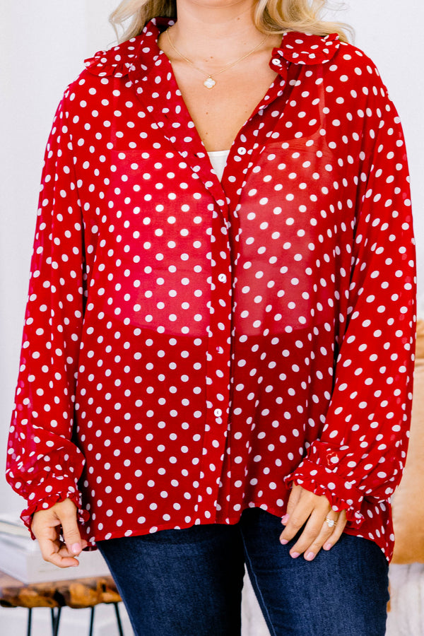 Chic Soul plus size clothing, red chiffon long sleeve button up collared blouse with white polka dots 