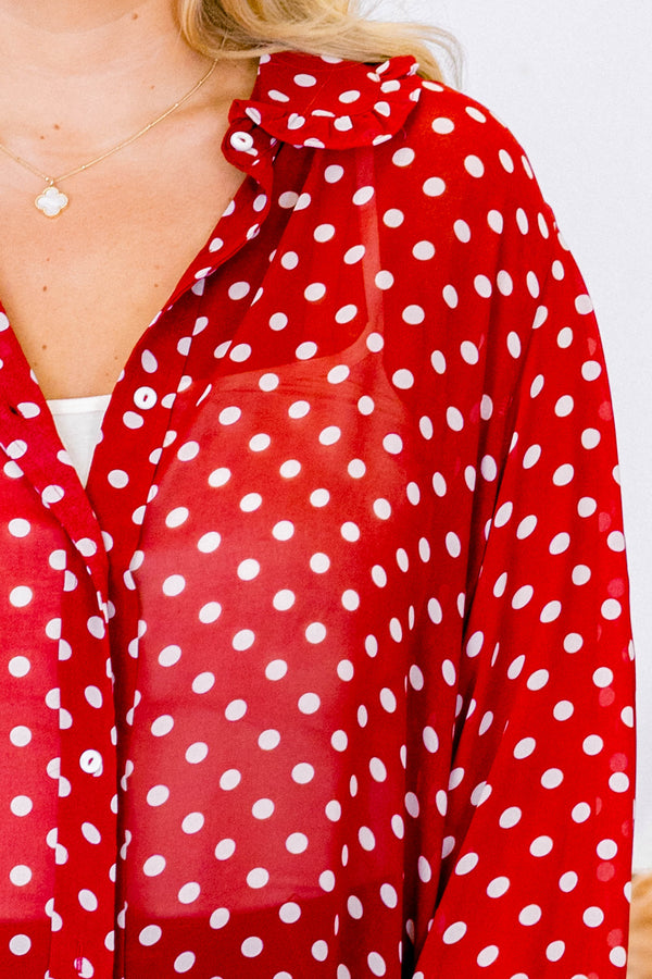 Chic Soul plus size clothing, red chiffon long sleeve button up collared blouse with white polka dots 