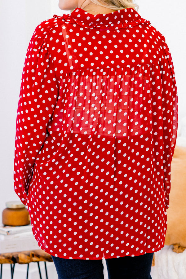 Chic Soul plus size clothing, red chiffon long sleeve button up collared blouse with white polka dots 