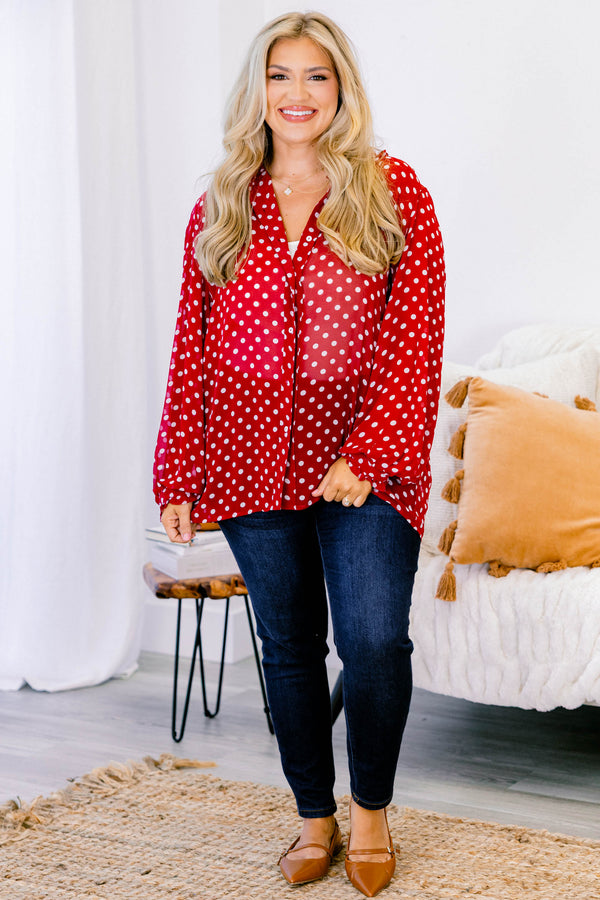 Chic Soul plus size clothing, red chiffon long sleeve button up collared blouse with white polka dots 