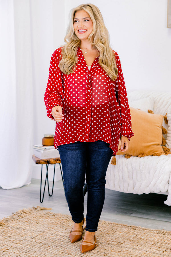 Chic Soul plus size clothing, red chiffon long sleeve button up collared blouse with white polka dots 