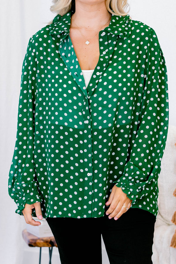 Chic Soul plus size clothing, green long sleeve button up top with ruffle sleeves and white polka dots 