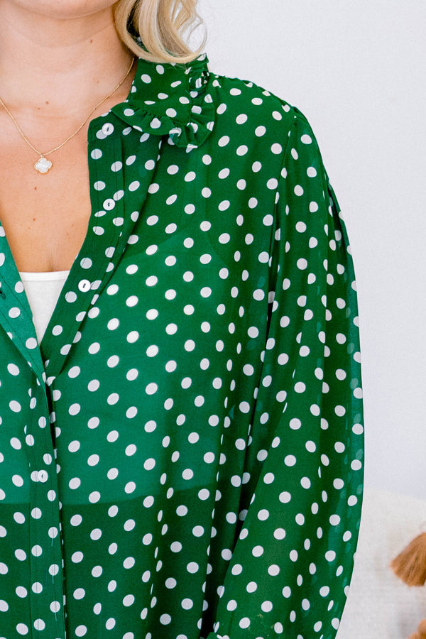 Chic Soul plus size clothing, green long sleeve button up top with ruffle sleeves and white polka dots 