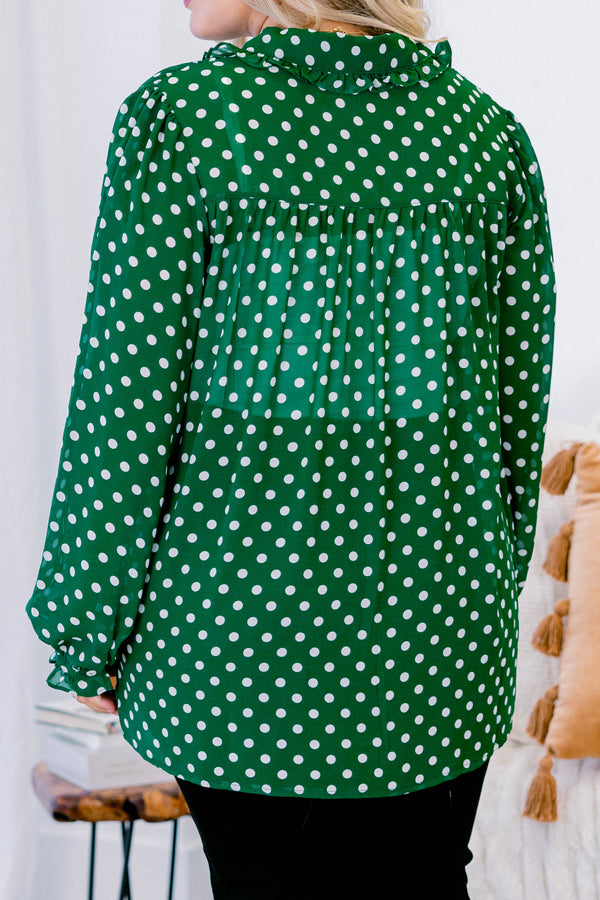 Chic Soul plus size clothing, green long sleeve button up top with ruffle sleeves and white polka dots 