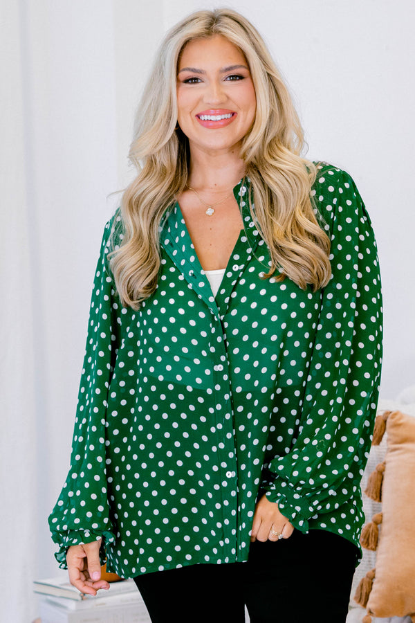 Chic Soul plus size clothing, green long sleeve button up top with ruffle sleeves and white polka dots 