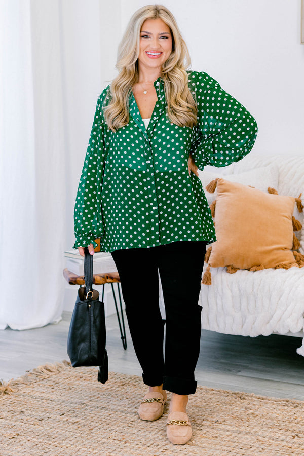 Chic Soul plus size clothing, green long sleeve button up top with ruffle sleeves and white polka dots 