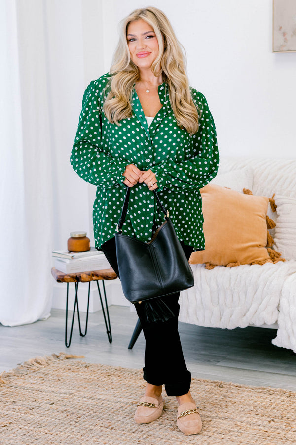 Chic Soul plus size clothing, green long sleeve button up top with ruffle sleeves and white polka dots 