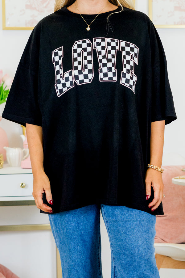 Chic Soul plus size clothing, short-sleeve black boyfriend tee with scoop-neckline with white and black checkered graphic lettering stating 