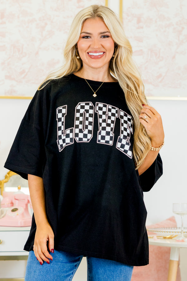 Chic Soul plus size clothing, short-sleeve black boyfriend tee with scoop-neckline with white and black checkered graphic lettering stating 