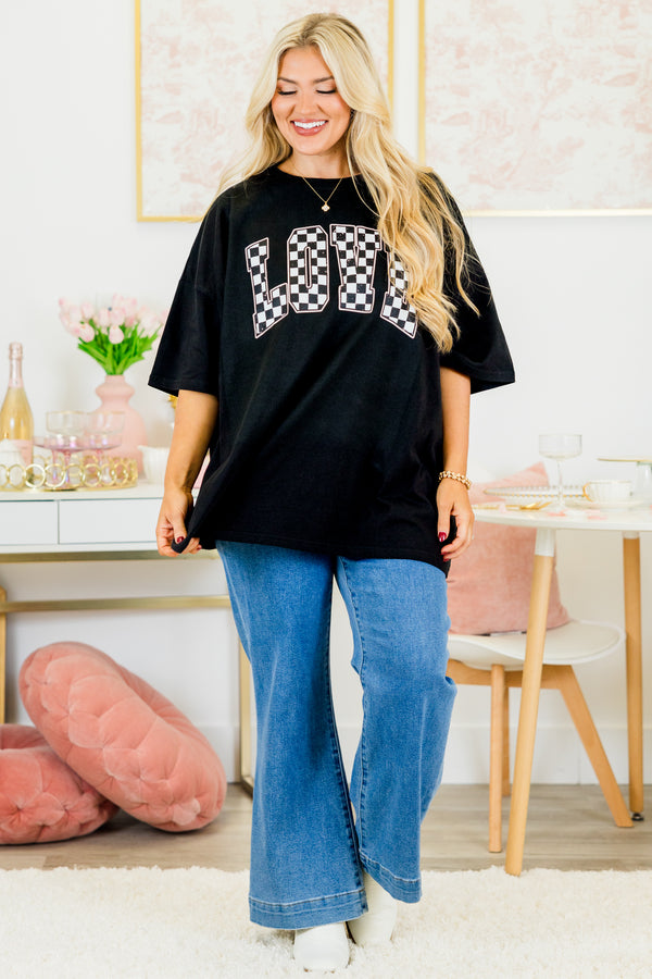Chic Soul plus size clothing, short-sleeve black boyfriend tee with scoop-neckline with white and black checkered graphic lettering stating 