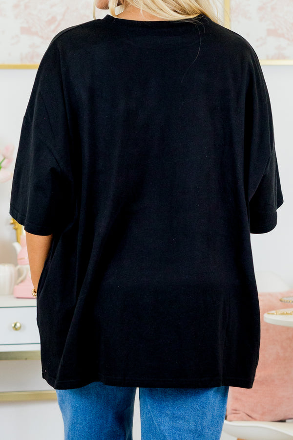 Chic Soul plus size clothing, short-sleeve black boyfriend tee with scoop-neckline with white and black checkered graphic lettering stating 