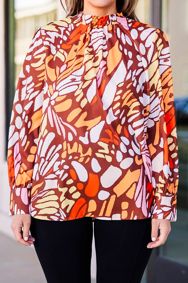 Chic Soul plus size clothing, rust multicolored abstract pattern long sleeve top with a high neckline