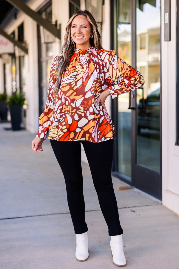 Chic Soul plus size clothing, rust multicolored abstract pattern long sleeve top with a high neckline