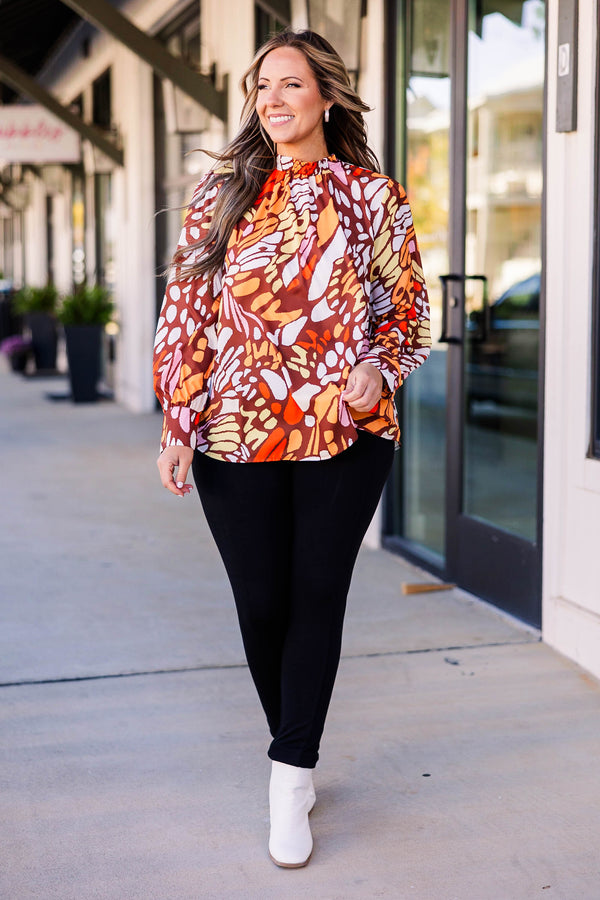Chic Soul plus size clothing, rust multicolored abstract pattern long sleeve top with a high neckline