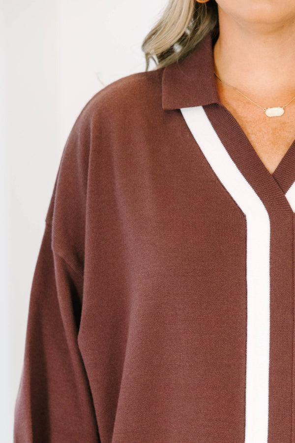 Plus Size brown knit polo sweater with a white collar accent and vertical stripe down the front.