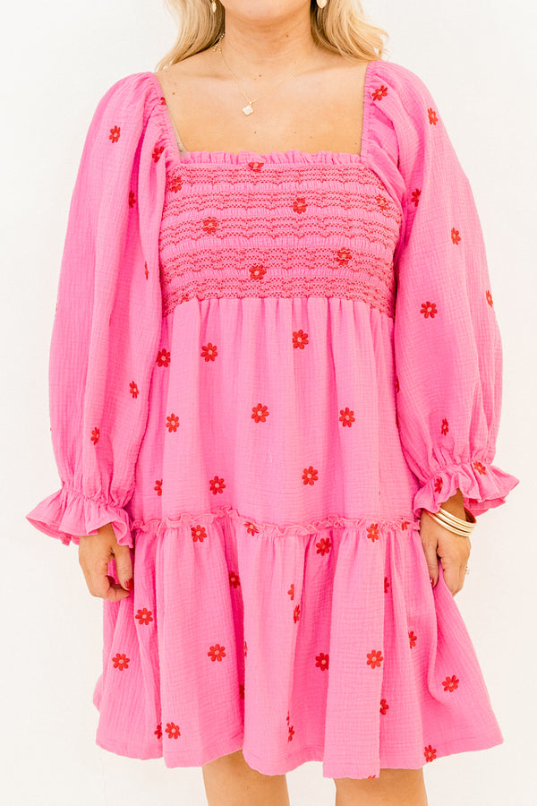 Chic Soul plus size clothing, fuchsia pink long sleeve short dress with embroidered pink floral pattern and square neckline