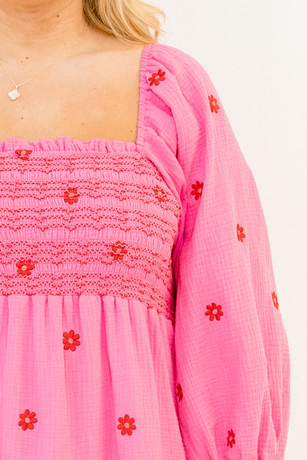 Chic Soul plus size clothing, fuchsia pink long sleeve short dress with embroidered pink floral pattern and square neckline