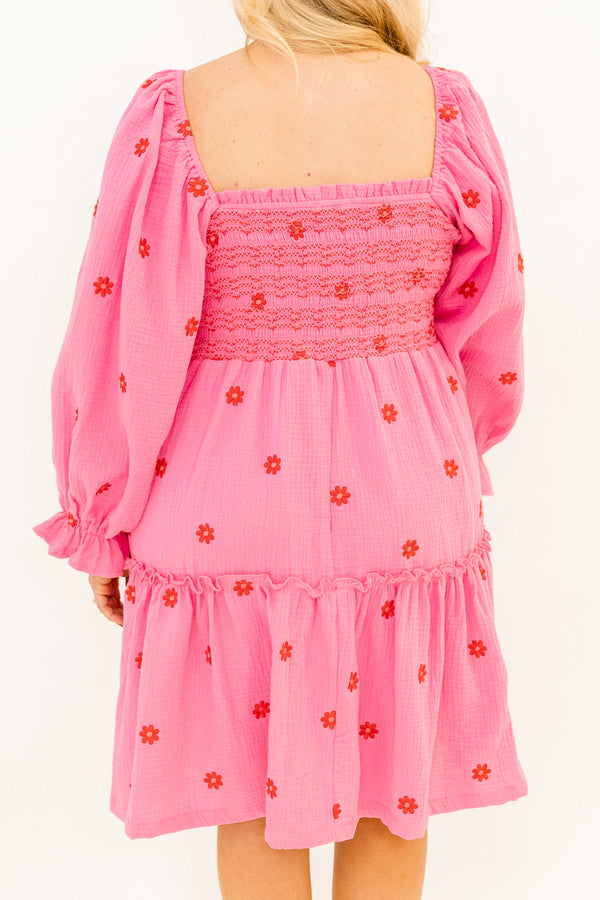 Chic Soul plus size clothing, fuchsia pink long sleeve short dress with embroidered pink floral pattern and square neckline