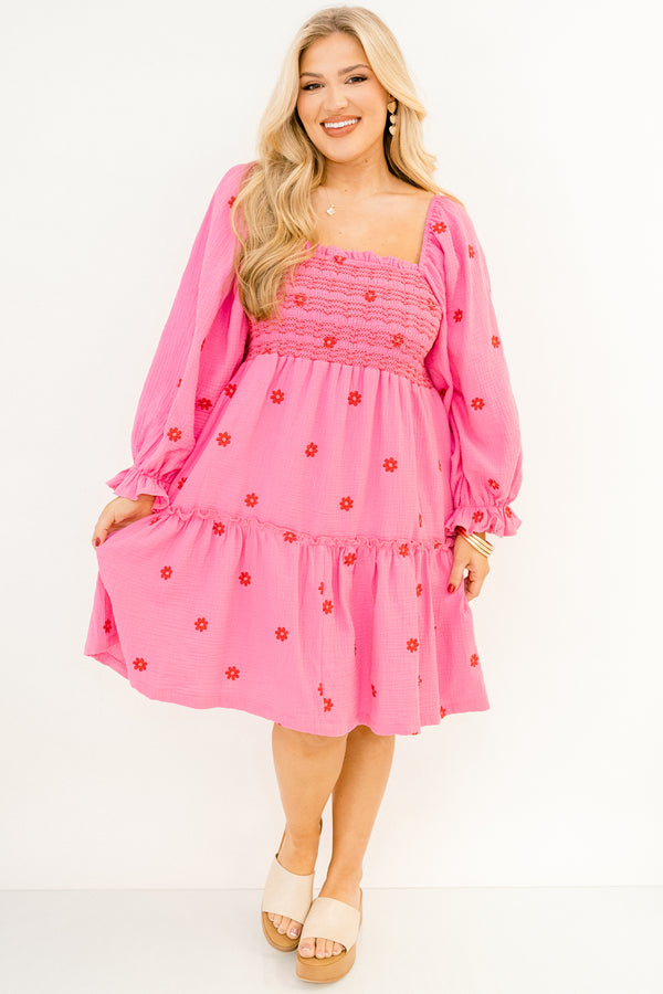 Chic Soul plus size clothing, fuchsia pink long sleeve short dress with embroidered pink floral pattern and square neckline