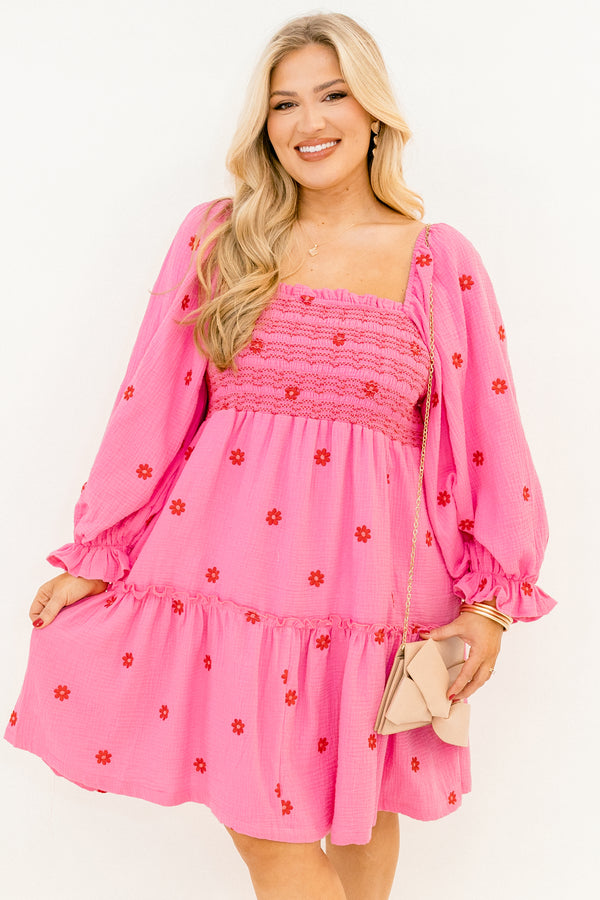 Chic Soul plus size clothing, fuchsia pink long sleeve short dress with embroidered pink floral pattern and square neckline